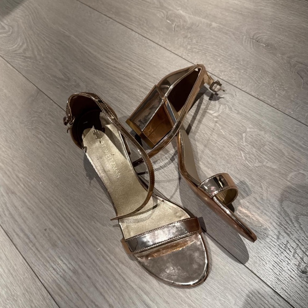 Stuart Weitzman Rose Gold Metallic Strappy Sandal with Block heel
